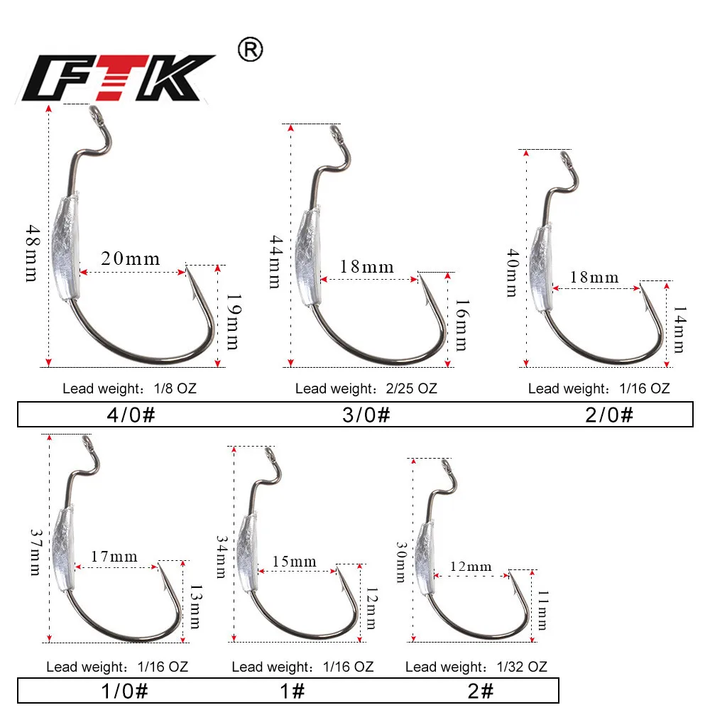 FTK 5pcs/pack 2#-4/0 Fishing Soft Worm Jig Lead Lure Hooks High Carbon Steel Wide Super Lock Fishhooks Softjerk | Спорт и