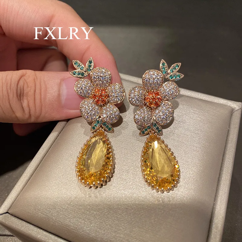 

FXLRY High Quality Micro Pave Cubic Zirconia Flower Yellow Crystal Long Drop Engagement Party Earrings for Women Jewelry