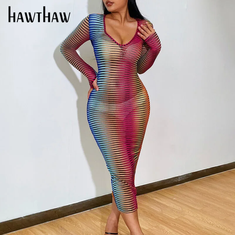 

Hawthaw Women Fashion Autumn Long Sleeve V Neck Bodycon Gradient Printed Midi Dress Streetwear 2021 Fall Clothes Wholesale Items