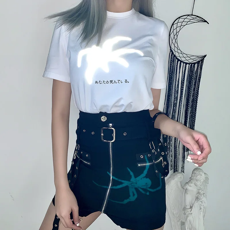 Готическая летняя Светоотражающая Футболка женская Повседневная печать мягкие