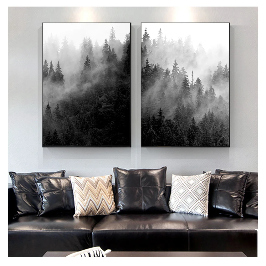 

Black and White Tree Posters Foggy Forest Landscape Canvas Painting Wall Picture Living Room Decor Nature Prints Forest Wall Art