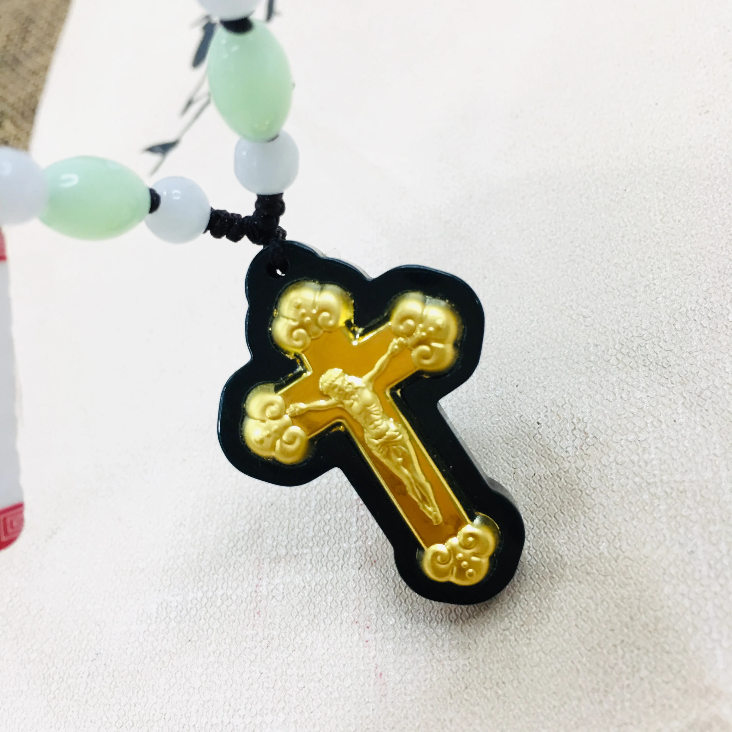 Zheru Natural Hetian Black Jade Inlaid Gold Cross Pendant with Green Bead Rope Necklace Male and Female Jewelry Send a certifica | Украшения
