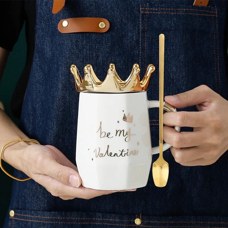 

Nordic Style Crown Cup Ins Spoon Coffee Mug Creative Ceramic Water Milk Mug Cartoon Crown Breakfast Cups Girl Gift