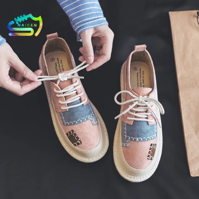 

NAICEN Wild White Shoes Female Students Fashion Trend Patchwork Cotton Women's Casual Shoes Lace-Up Round Toe Women Shoes