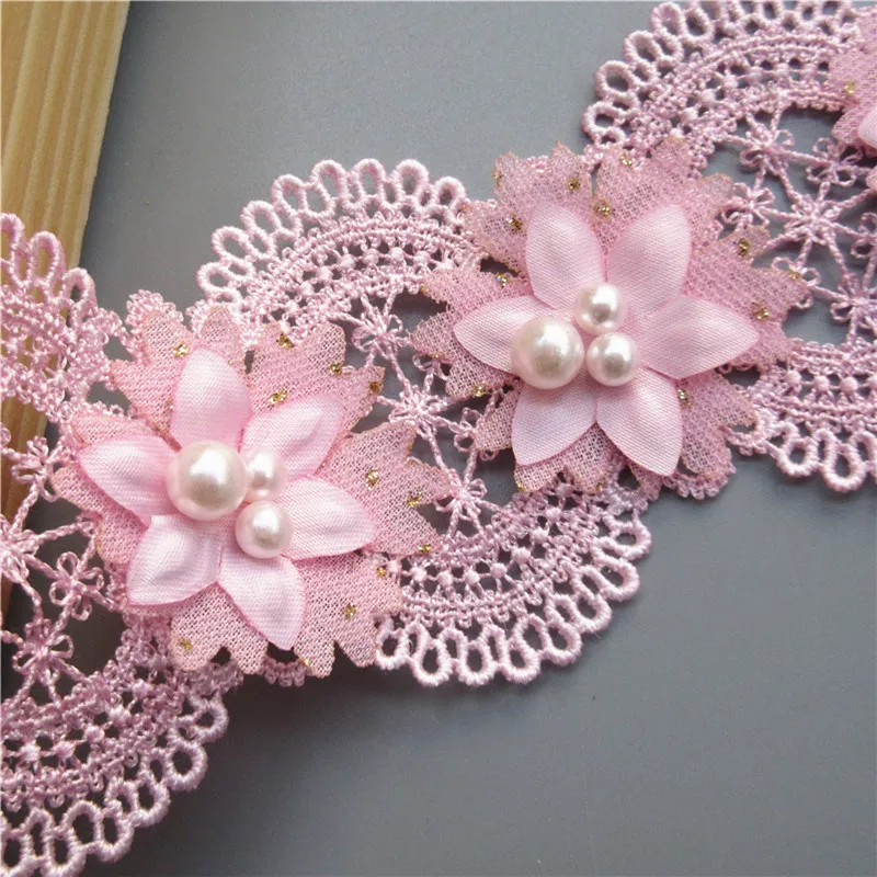 10x 6*5cm Pink Polyester Pearl Flowers Embroidered Lace Trim Ribbon Applique DIY Manual Sewing Supplies Craft Decoration | Дом и сад
