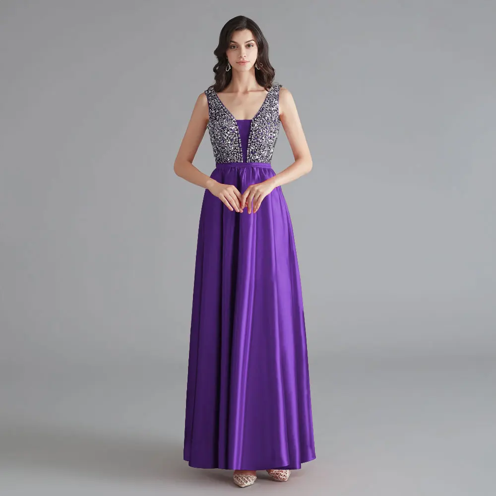 Purple Beauty Emily,, v-образный вырез, стразы, без рукавов, платья подружек невесты, длинное, на заказ, свадебное платье, Vestido dama de honor - Цвет: Purple