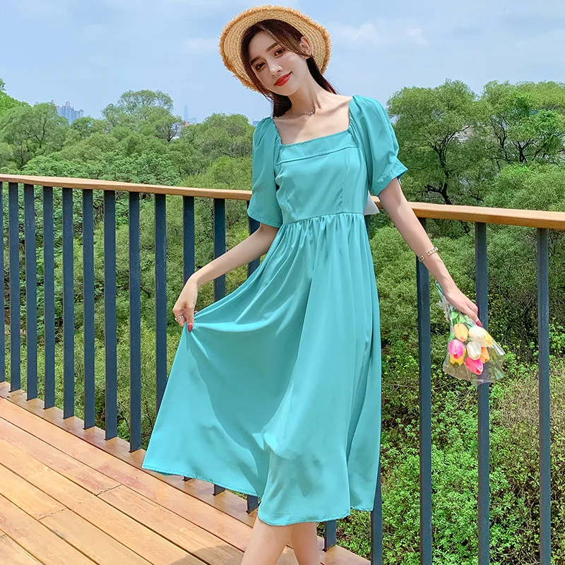 

Summer in the new long of French vintage square collar closes show thin waist bowknot backless hubble-bubble sleeve dress