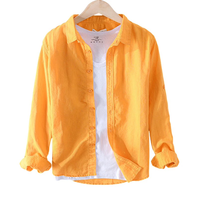 

Cotton Linen Casual Long Sleeve Shirts for Men Basic Classic Orange Tops Summer New Male Breathable Daily Button Up Clothing