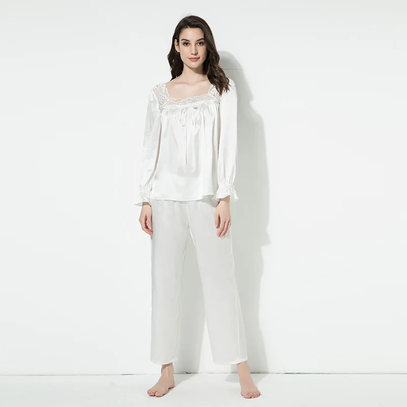 

Women's Silk Pajamas Suit Spring Mulberry Silk Long Sleeve Trousers Two-Piece Suit Large Size Tracksuit