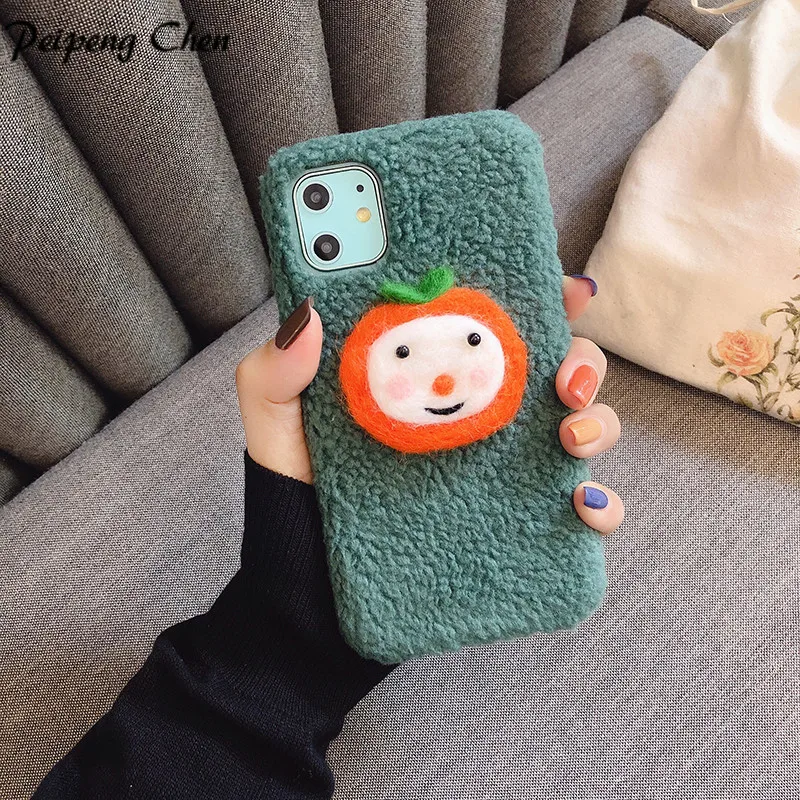 Cartoon phone case For iphone 11 Pro Max XS XR 7 8 plus Plush Warm Cases Cute Fruit Oranges Silicone Cover Christmas Coqu | Мобильные