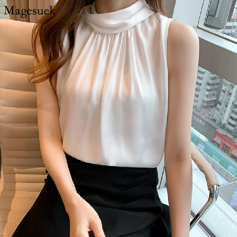 

Летняя новая шифоновая рубашка без рукавов, женская модная атласная белая блузка, Женская бандажная блузка с бантом на спине, женские блузк...