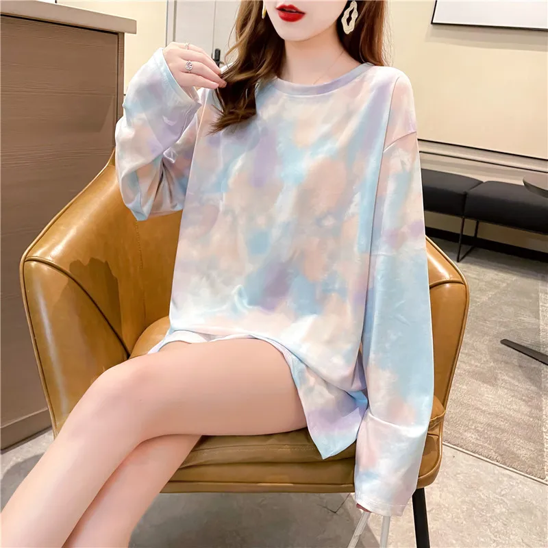 

Футболка женская оверсайз с длинным рукавом, модная рубашка в Корейском стиле, цветной Топ в стиле Харадзюку, на осень