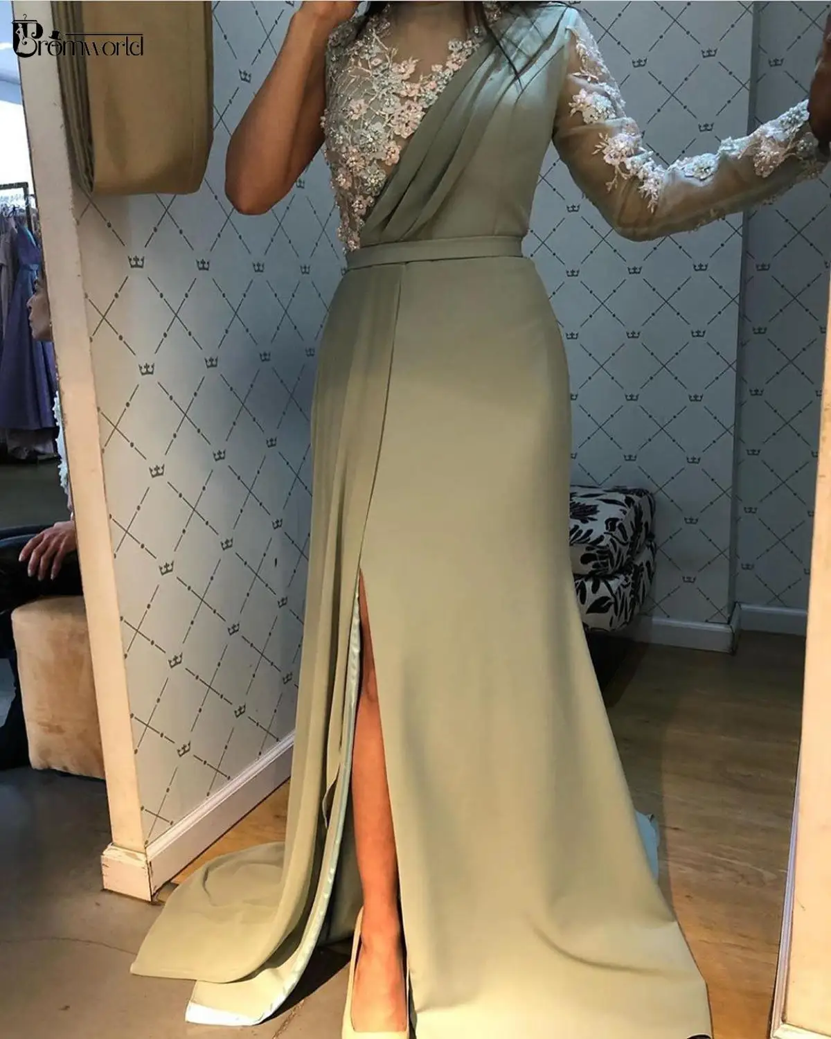 

Mint Long Sleeve Evening Dress Sheath Flowers Lace Dubai Saudi Arabic Evening Gowns 2022 Sexy Side Slit Prom Dresses vestidos