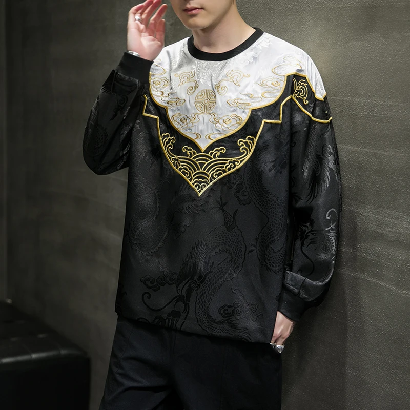 Мужская осенняя одежда в китайском стиле Шелковый костюм Хань Тан футболка с