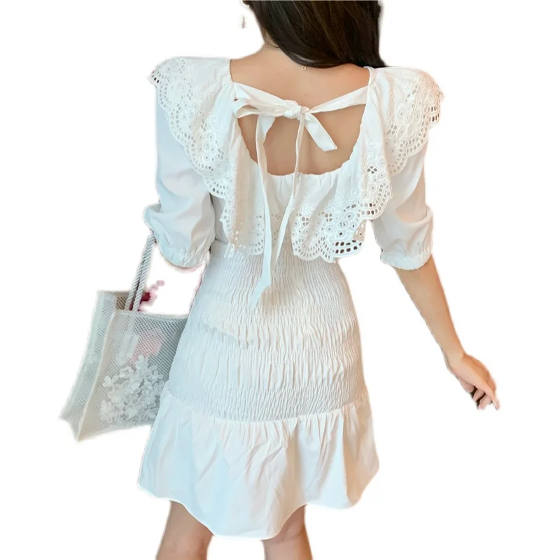 

Korean 2021 Summer Short Sleeve Fake Two Dress Women Sexy Ruffles Lace Backless Clothes Square Neck Fishtail Dresses Female