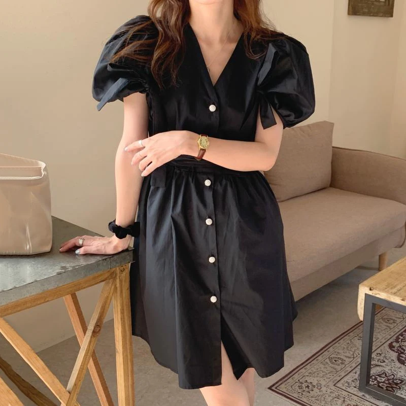 

KUSAHIKI Woman Dress Bow Tie Puff Sleeve Sweet V-neck Vestidos Femme 2021 Summer Single Breasted Korean Dresses 6G903