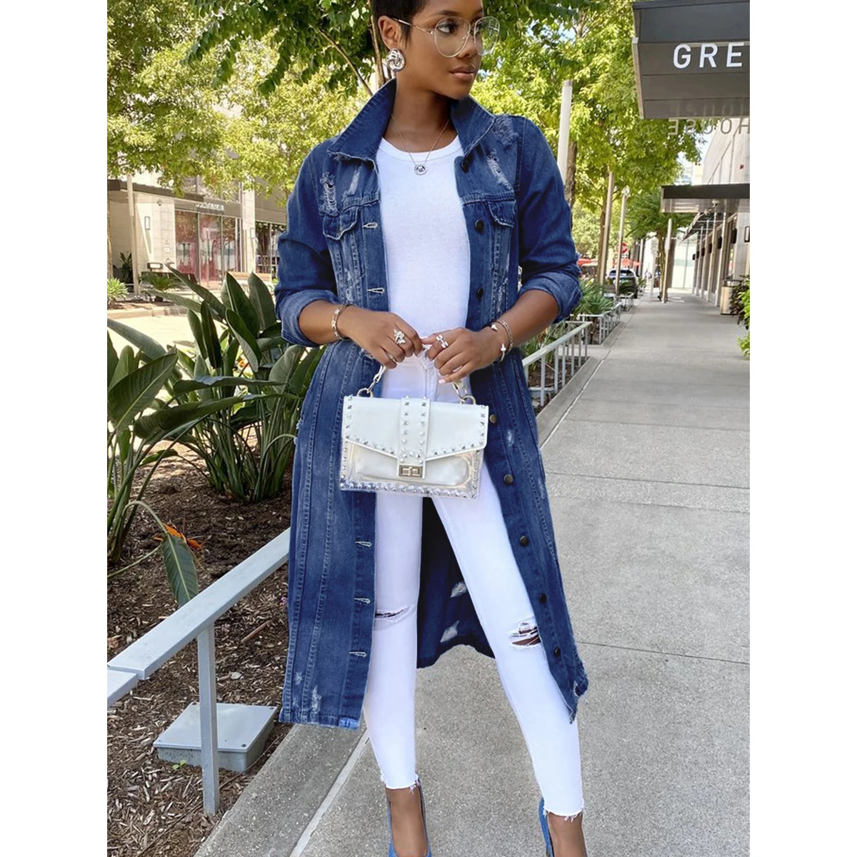 

Spring Women Denim Long Trench Coat Washed Windbreaker Lapel Collar High Street Full Sleeve Ripped Fashion Casual Wild Clothing
