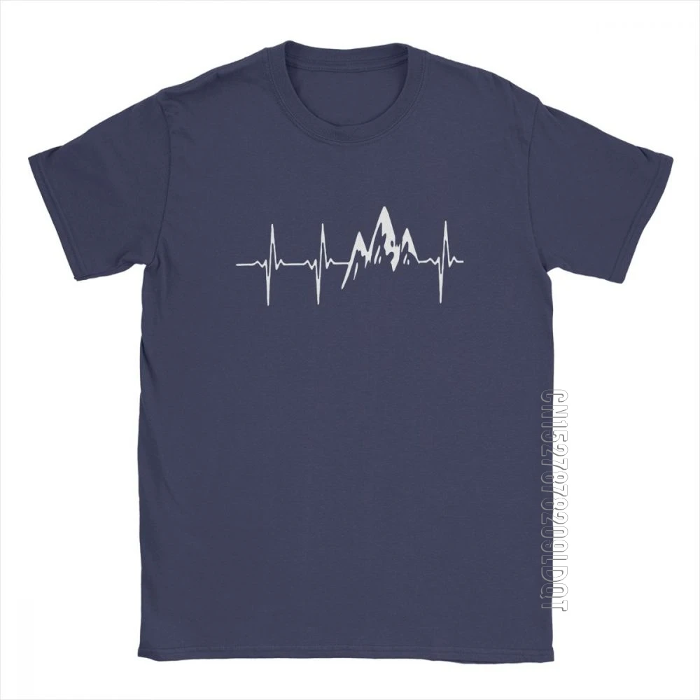 

Mountain In My Heartbeat T-Shirts For Men Hiking Walking T Shirt Climbing Graphic Basic Tees Crewneck Pure Cotton Clothes Gift