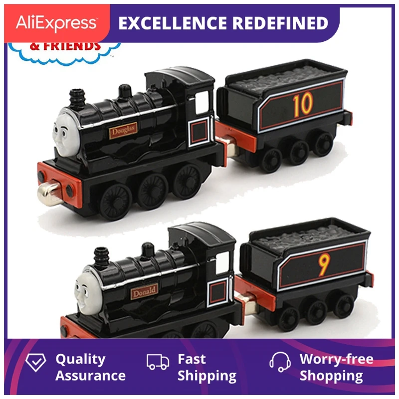 

Игрушечный автомобиль Thomas and Friends T9 T10, черный шлейф Дональда Дугласа, комплект из 1:43 магнитных локомотивов, игрушки для мальчиков, рождестве...