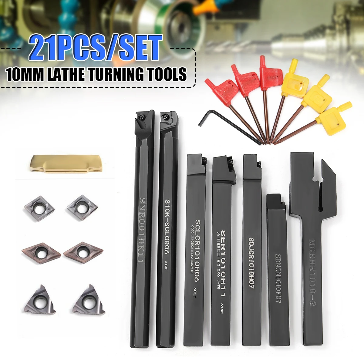 

21PCS 10MM 12MM Shank Lathe Turning Tool Holder Boring Bar Lathe Tools Lathe Cutter Metal Turning Rod with Carbide Inserts