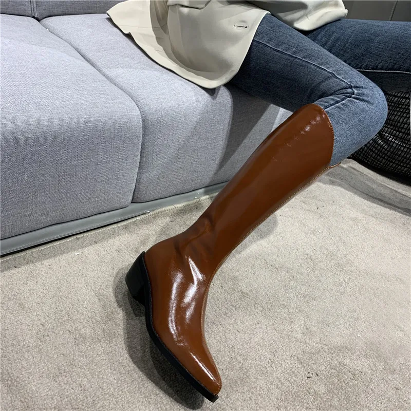 

MORAZORA 2021 New Arrival Winter Knee High Boots Top Quality Genuine Leather Boots Thick Heels Pointed Toe Women Boots