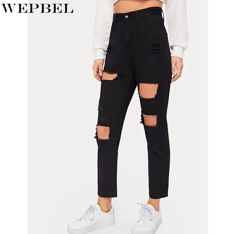 

WEPBEL Denim Pants Summer Casual High Waist Denim Straight Trousers Women's Fashion Holes Solid Color Black Jeans