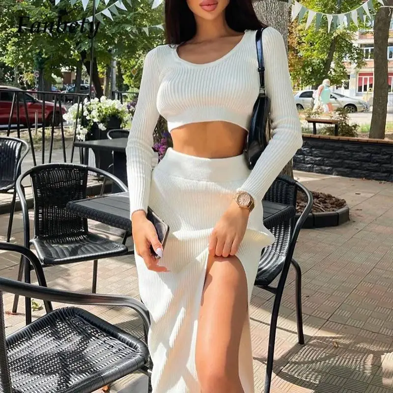 

Elegant Sexy O Neck Crop Tops And High Slit Skirts Suits Knitted Sweater Two Piece Sets Women Fashion Spring Casual Lady Outfits