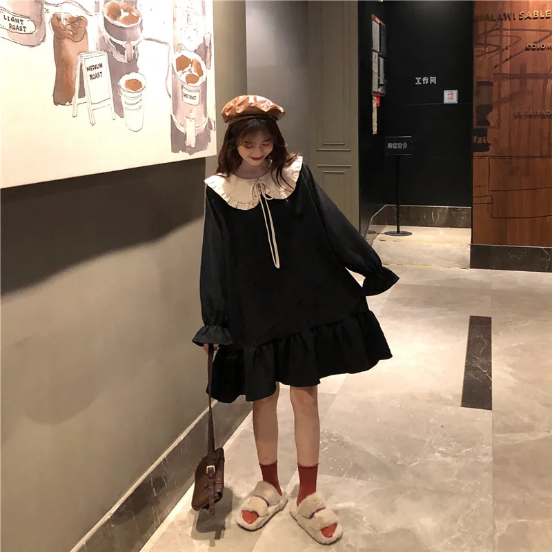 

Japanese Vintage College Style Sweet Peter Pan Collar Bow Cute Petal Full Sleeve Dress Harajuku Kawaii Loose Straight Doll Dress