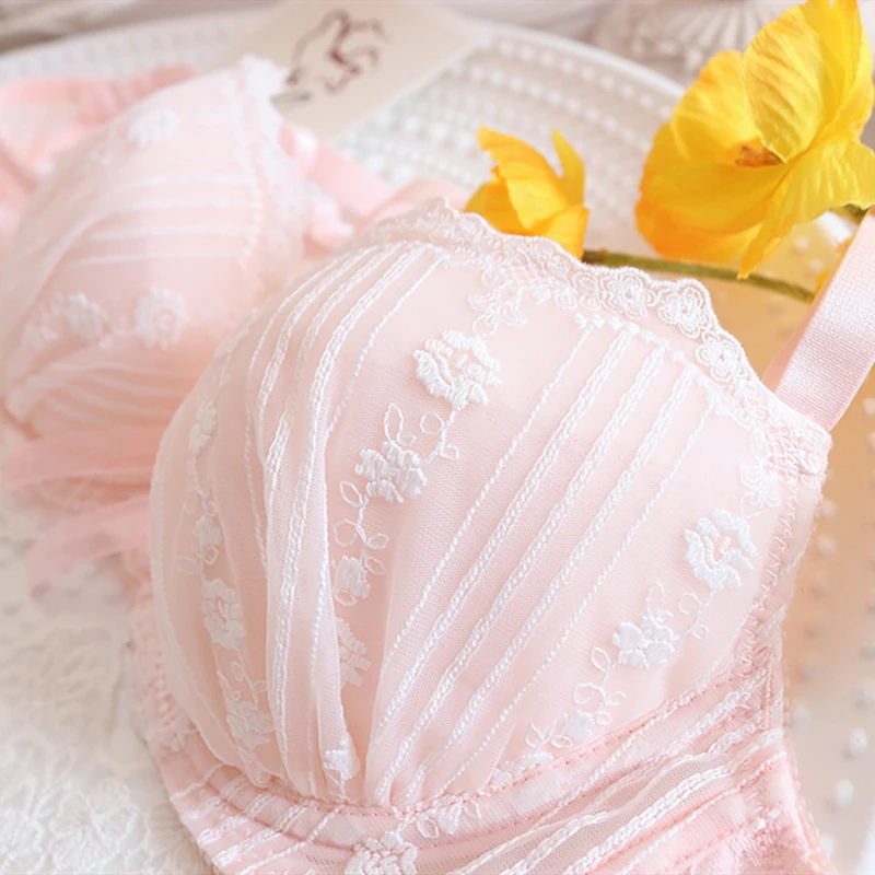 French Fairy Sweet Lolita Embroidery Flower Lace Bra & Briefs Set Japanese Women Push Up Underwire Soft Girl Underwear Suit
