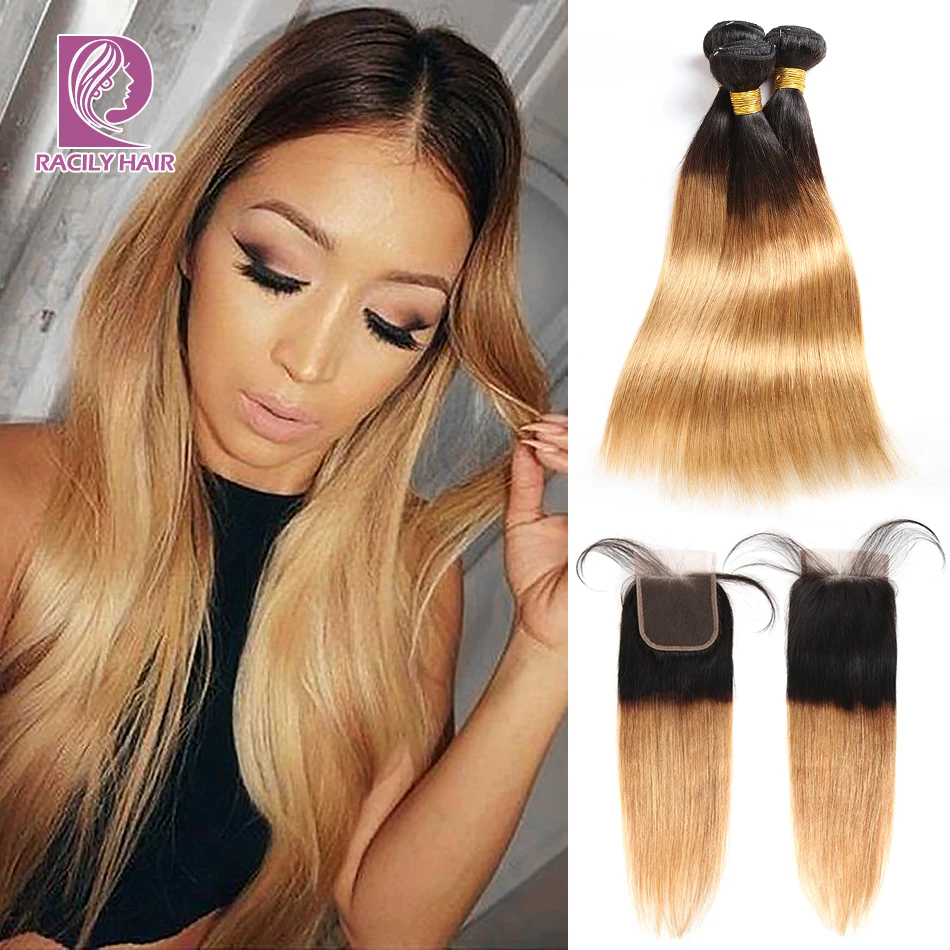 Прямые бразильские волосы пряди омбре с закрытием 1B/27 Remy человеческих волос