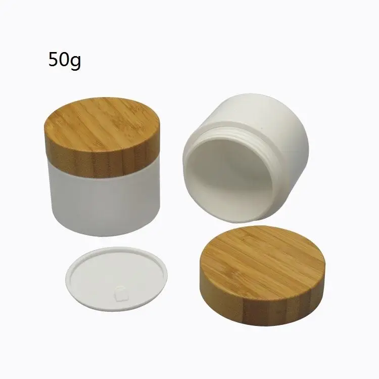 Eye Cream 20g Recycled White PP Plastic Container With Engraved Bamboo Lid, Bamboo Cosmetic jar Plastic For Face Cream Packaging