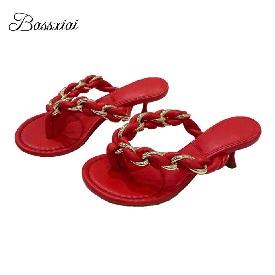 

Braided Chains Narrow Band Sandals For Girls Women Sexy Kitten Heel Genuine Leather Slingbacks Summer Shoes Woman