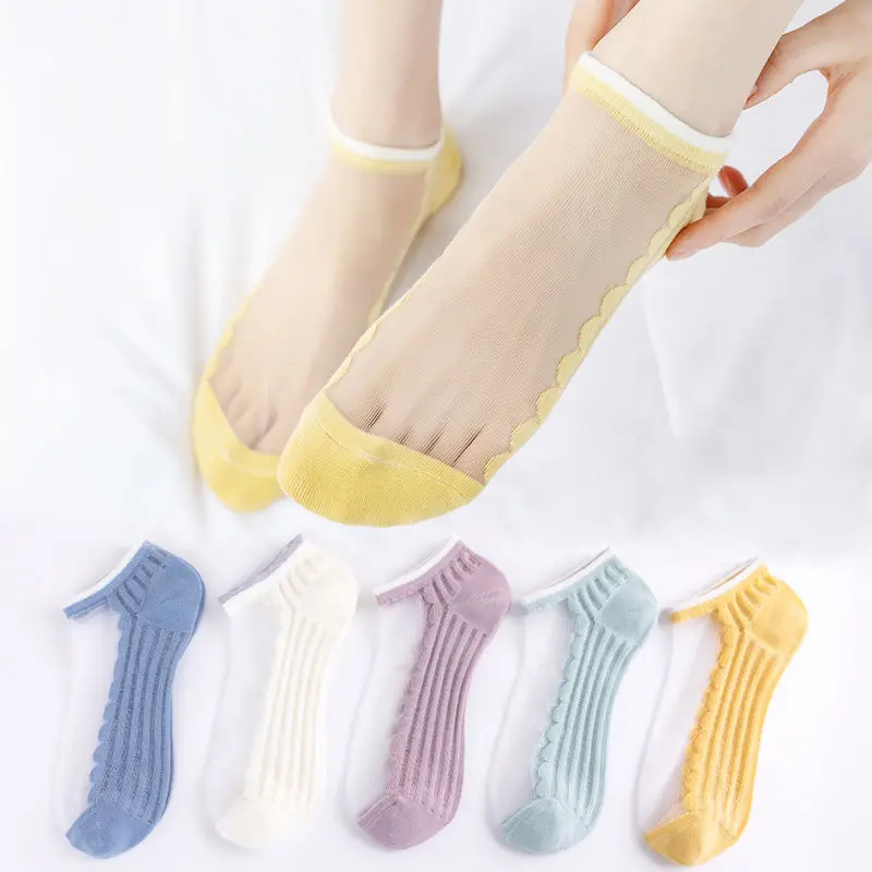 

Fashion Women Socks Transparent Lace Solid Crystal Socks Korean Female Cute Elastic Thin Cool Sheer Short Socks