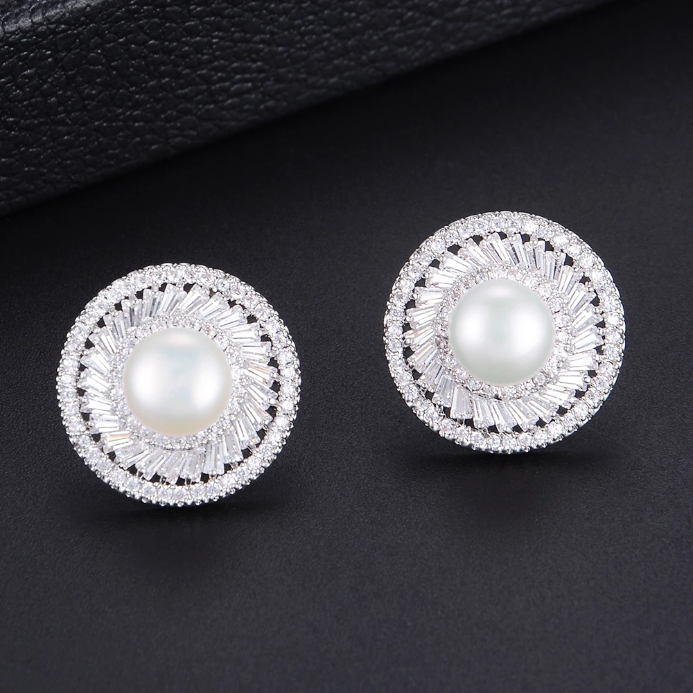 

LARRAURI Fashion Jewelry Trendy Bridal Wedding Party Earrings Full Mirco Paved Zirconia Pearl Stud Earring For Women Accessories