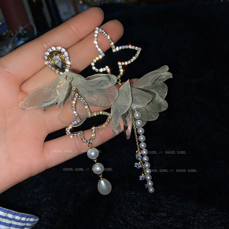 Серебряные модные новые кружевные несимметричные серьги в форме бабочки, длинные женские серьги-подвески