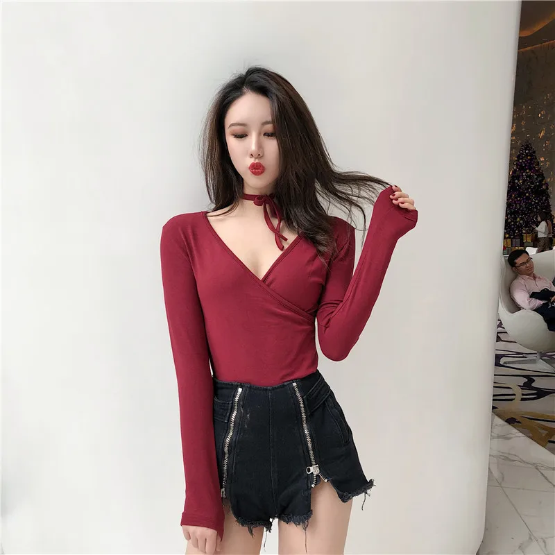 Модная Сексуальная футболка с глубоким V образным вырезом и длинным рукавом