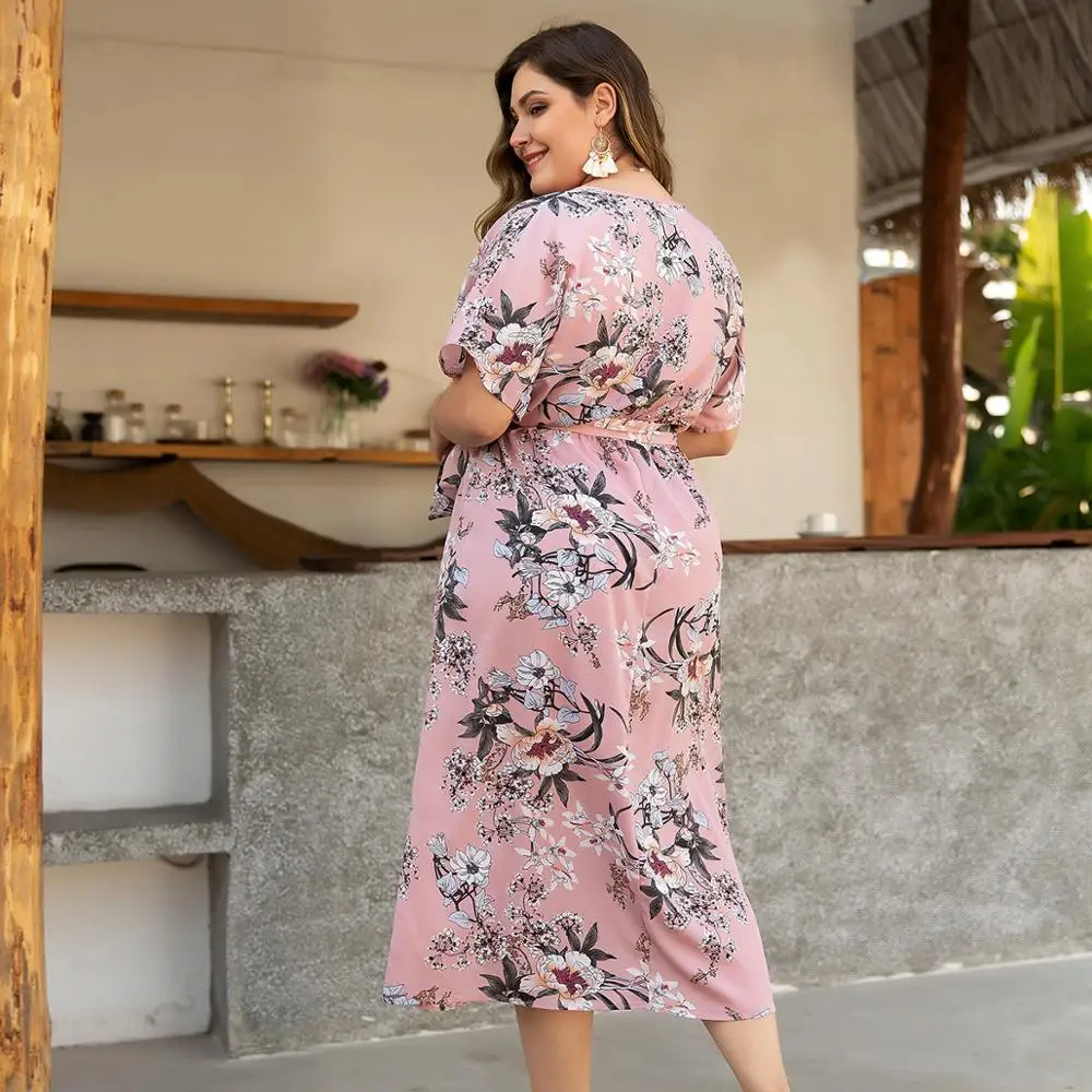 WHZHM Розовые Платья с цветочным принтом женские платья поясом v образным вырезом