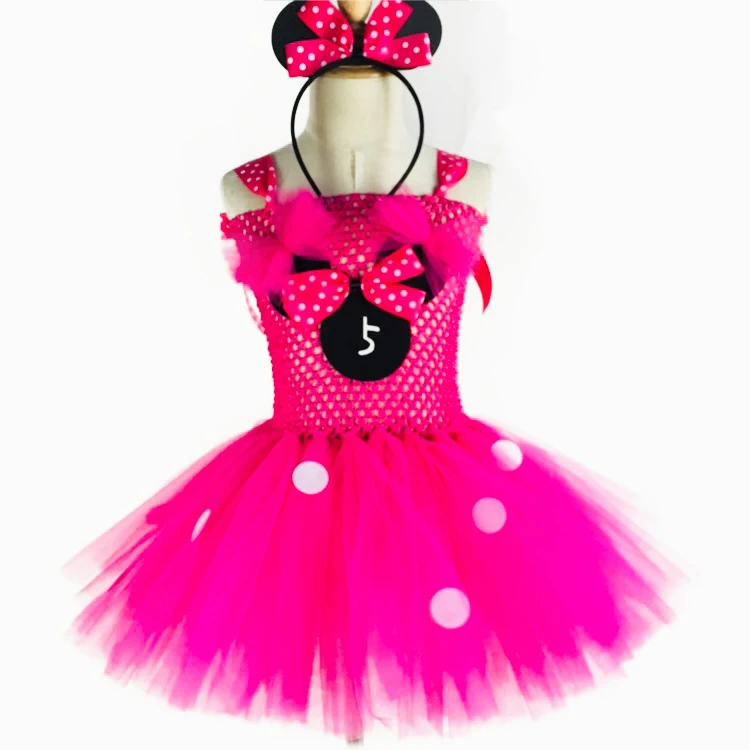 Lovely Baby Pink Mickey Cartoon Tutu Dress Girls Crochet with White Dots and Hairbow Children Birthday Party Costume | Детская одежда и