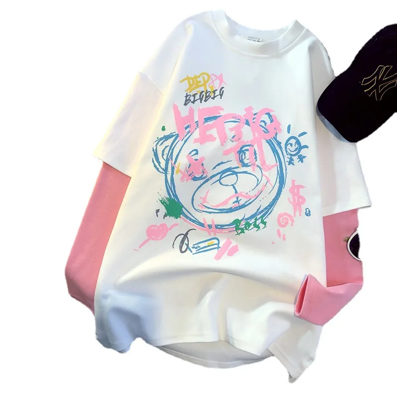 

Graffiti Letter Printing Fake Two-piece T-shirt Women Spring and Autumn 2021 Korean Loose Casual Pullover Long Sleeve Top