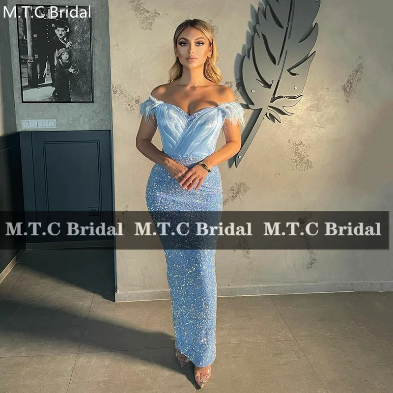 

Bling Off The Shoulder Long Prom Dresses With Feather Straight Floor Length Stretchy Sequins Formal Gowns For Birthday Party