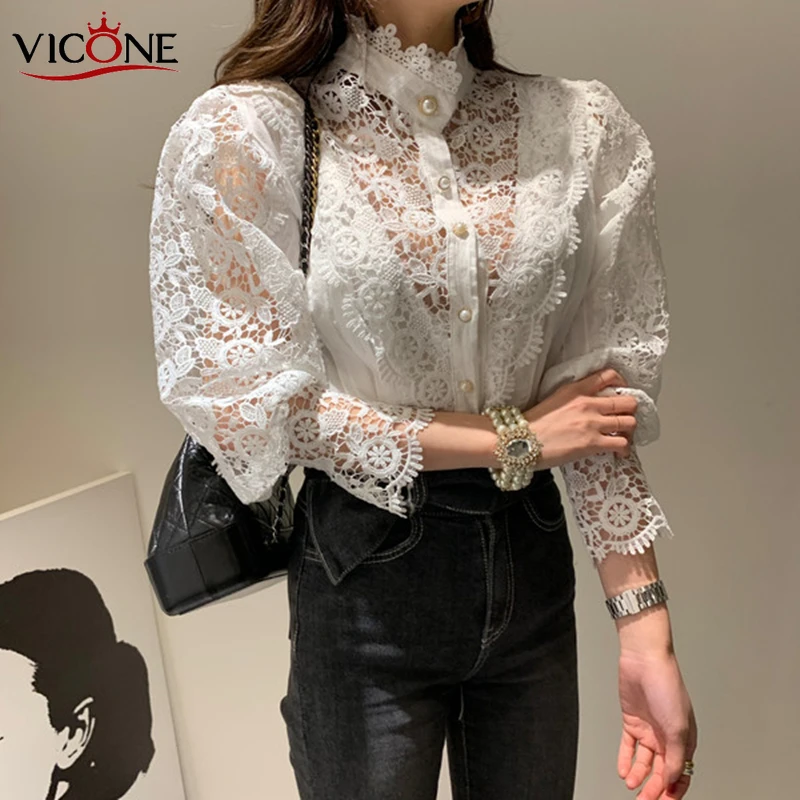 

Шикарная Женская кружевная прозрачная блузка VICONE, офисный Топ для Леди с длинным рукавом, блузка, Модная белая рубашка, женская блузка