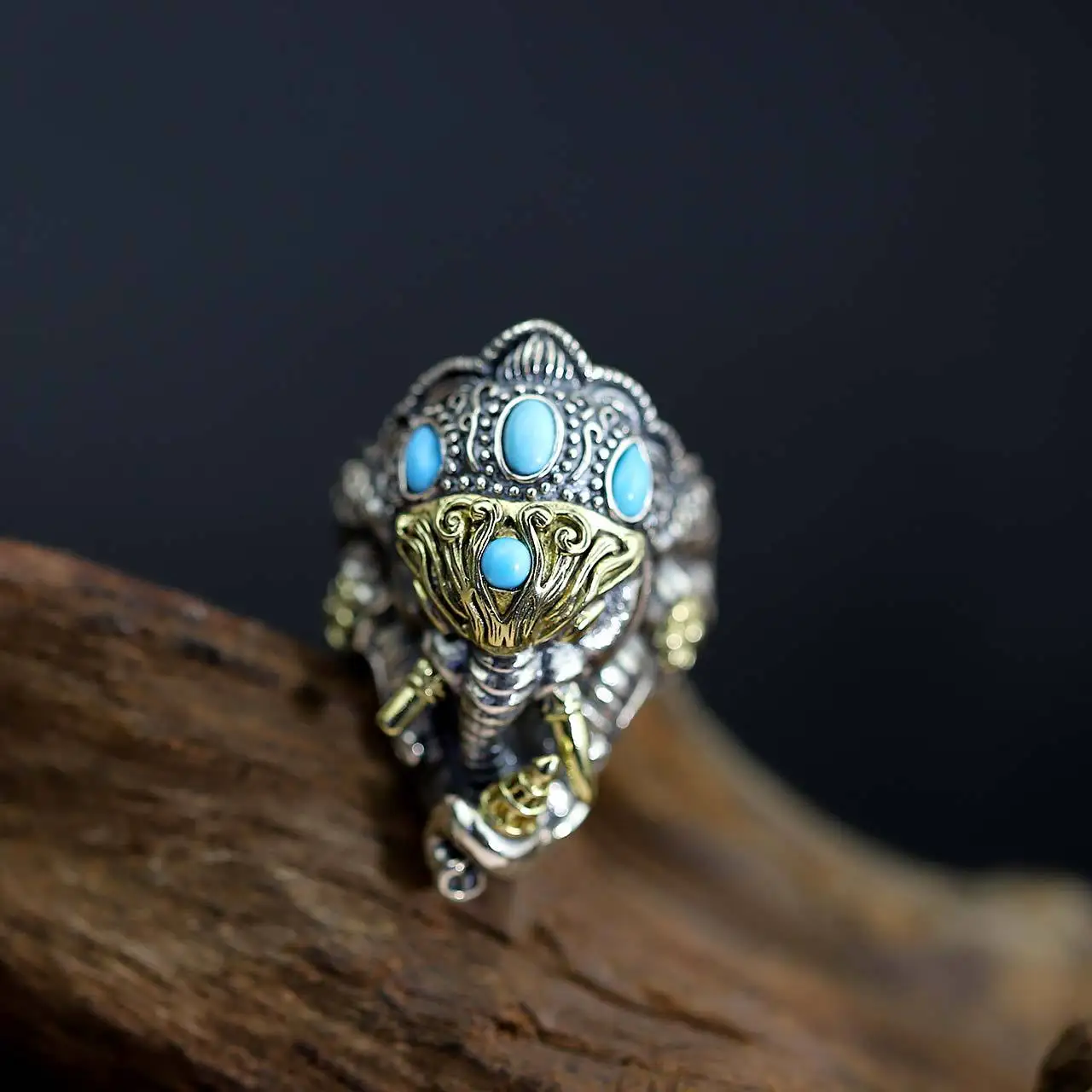 

S925 Sterling Silver Ornament Open Design Men's Cool Thai Silver Turquoise Elephant Nose Buddha Ring
