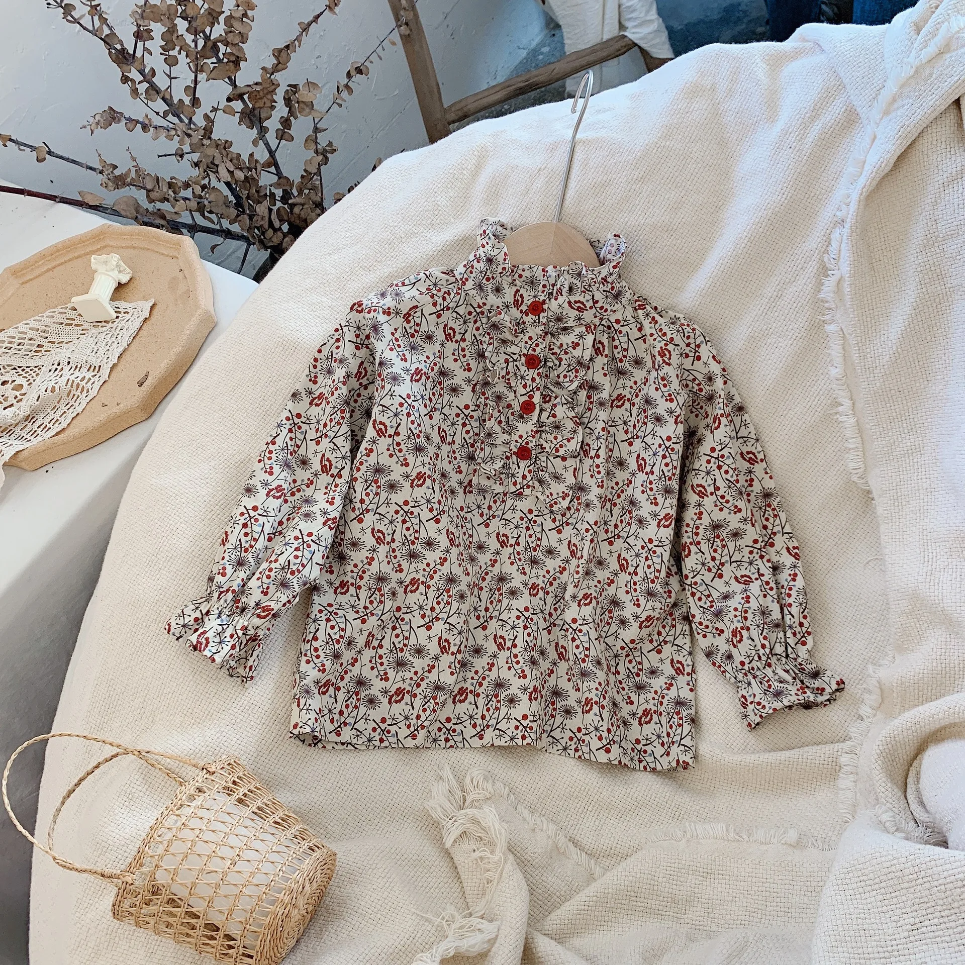 

Детская блузка 2021 новый весенний комплект одежды для маленьких девочек в Корейском стиле Цветочный принт, длинный рукав, рубашки для мальчи...