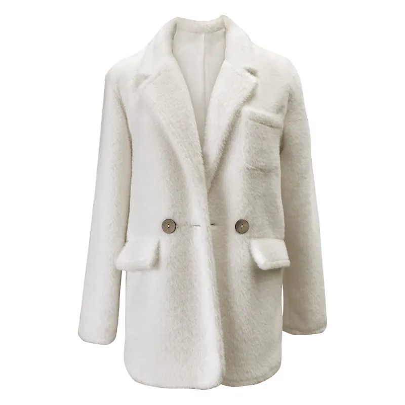 

Autumn Winter Office Lady Gold Mink Woolen Suit Loose Thick Solid Jacket Lapel Single Button Multi-Pockets White Women Outerwear