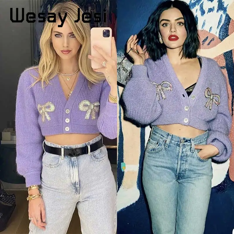 

2020 Autumn ins blogger cardigans sweaters women england office lady single breasted knitted Sequins cardigans sweaters tops