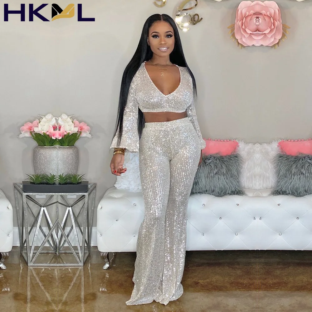 

Summer 2021 Women Two Piece Sets Sequins Full Puff Sleeve V-neck Crop Tops Flare Pants Fashion Sets