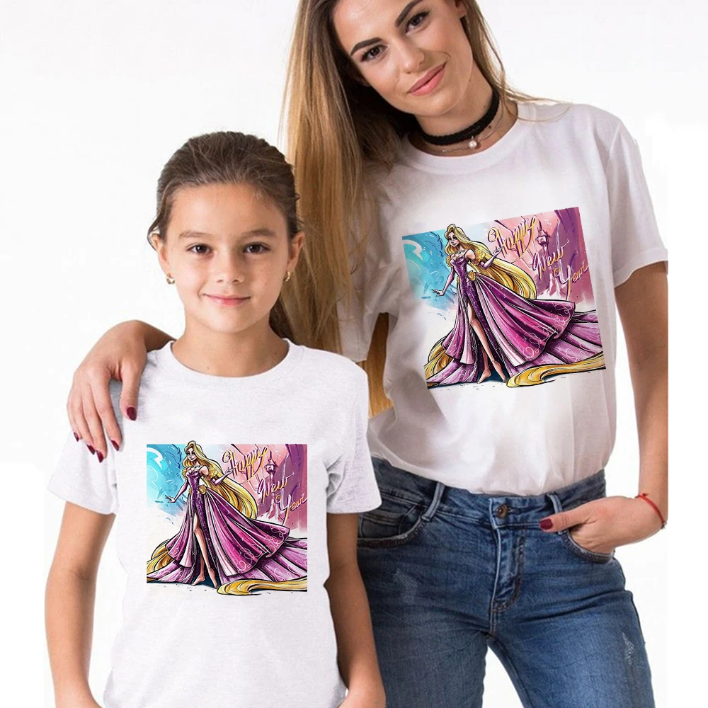 

Disney Beautiful Princess Printed T-shirt Fashion Gorgeous Mom and Daughter Matching Clothes Set Ulzzang Girl Summer Clothing