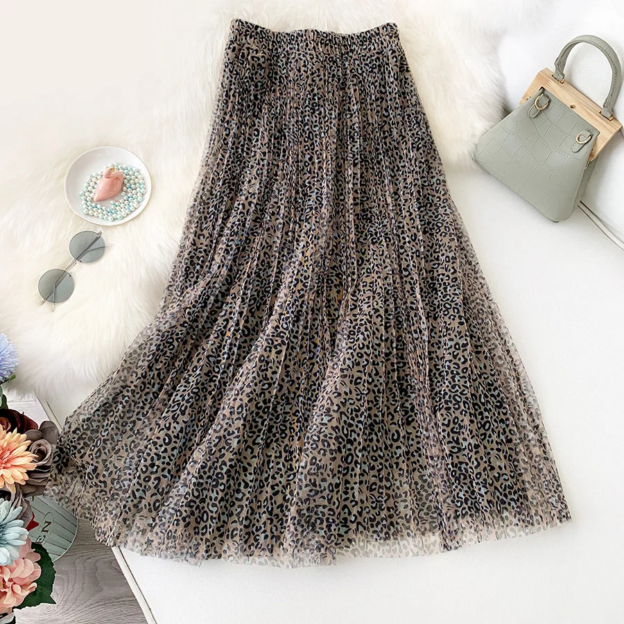 

European Retro Leapord Print Woman Skirts 2021 New Elegant Big Swing Pleated Tulle Skirt Elatic Waist Maxi Faldas Long Skirt