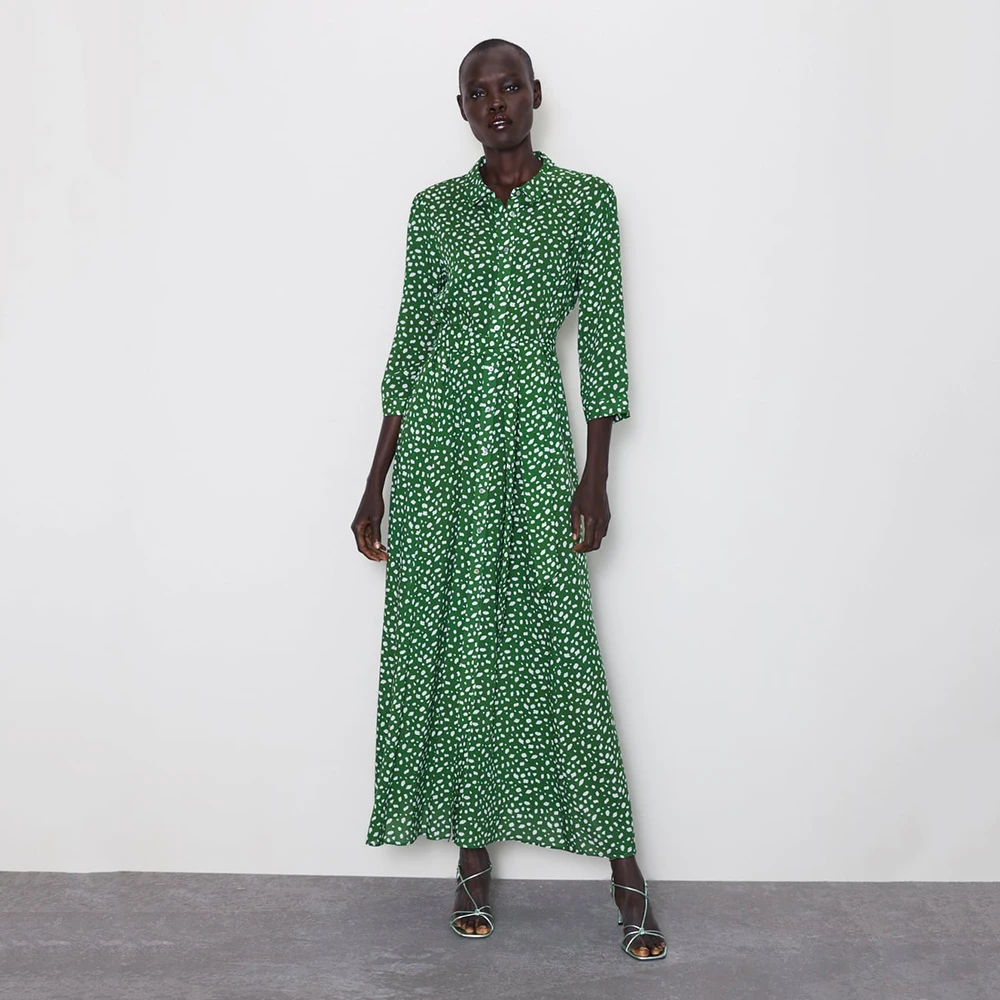Trendy ZA Green White Dot Print Long Dress Women Boho Turn-Down Collor Belt Split Hem Design Charm Elegant Autumn Style Dress