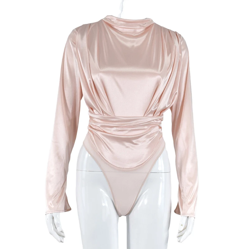 

Satin Women's Bodysuit Pullover High Neck Long Sleeve Spring Autumn Casual Ladies Sexy Top Jumpsuit
